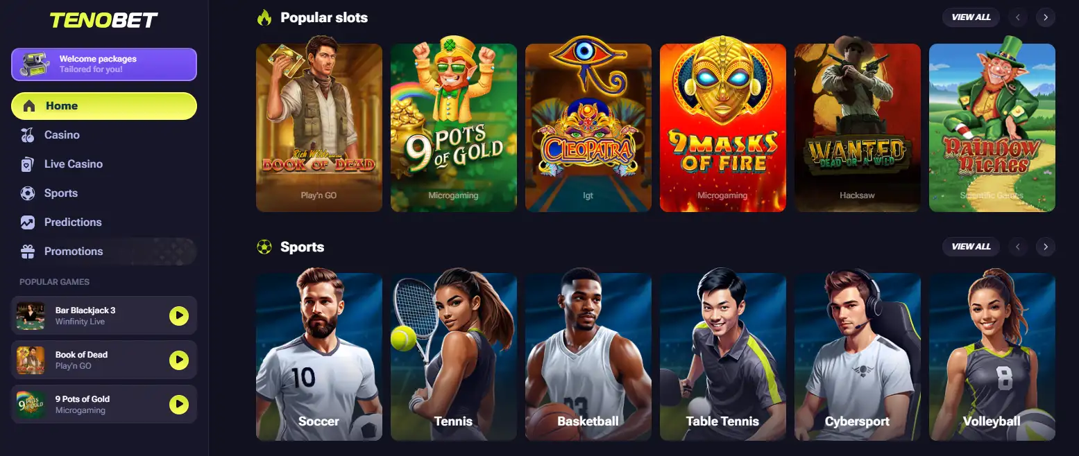 TenoBet casino lobby or home interface